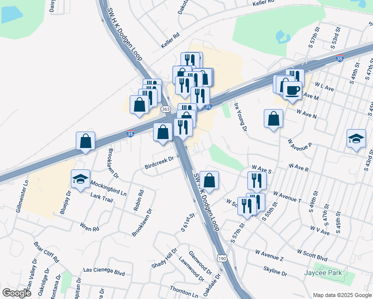 map of restaurants, bars, coffee shops, grocery stores, and more near 3608 Southwest H K Dodgen Loop in Temple