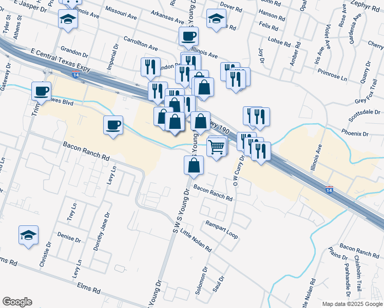 map of restaurants, bars, coffee shops, grocery stores, and more near 2513 South West South Young Drive in Killeen