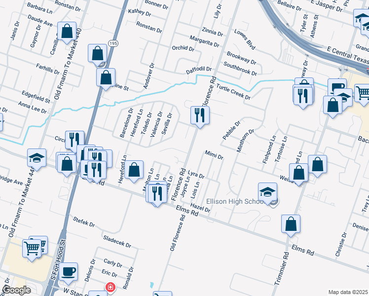 map of restaurants, bars, coffee shops, grocery stores, and more near 3306 Alicante Court in Killeen