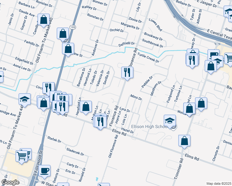 map of restaurants, bars, coffee shops, grocery stores, and more near 3306 Alicante Court in Killeen