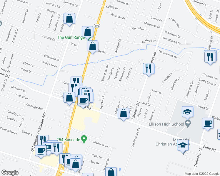 map of restaurants, bars, coffee shops, grocery stores, and more near 3407 Toledo Drive in Killeen