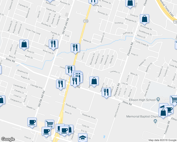 map of restaurants, bars, coffee shops, grocery stores, and more near 3409 Barcelona Drive in Killeen