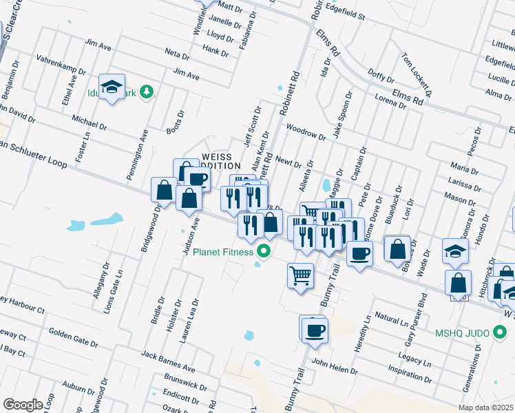 map of restaurants, bars, coffee shops, grocery stores, and more near 4504 Deek Drive in Killeen