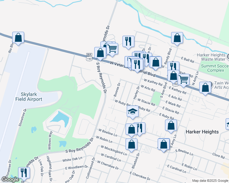 map of restaurants, bars, coffee shops, grocery stores, and more near 108 Forest Circle in Harker Heights