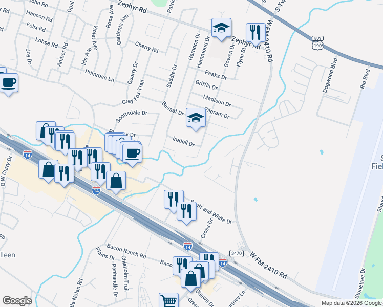 map of restaurants, bars, coffee shops, grocery stores, and more near 3704 Iredell Drive in Killeen