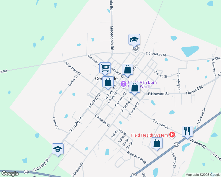 map of restaurants, bars, coffee shops, grocery stores, and more near 181 South Cosby Street in Centreville
