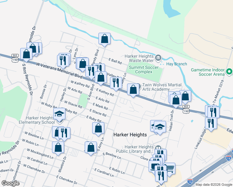 map of restaurants, bars, coffee shops, grocery stores, and more near 128 East Veterans Memorial Boulevard in Harker Heights