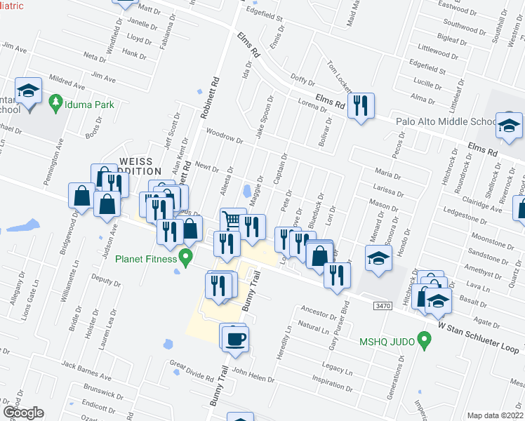 map of restaurants, bars, coffee shops, grocery stores, and more near 4413 Captain Drive in Killeen