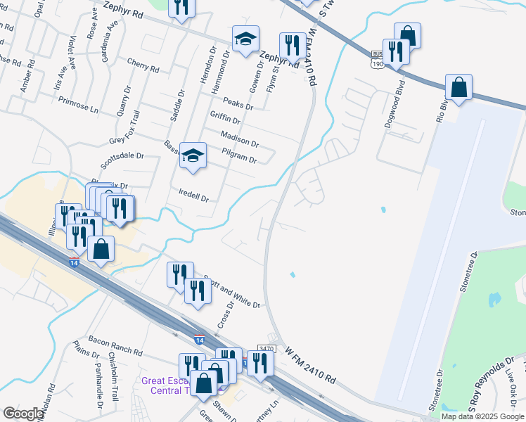 map of restaurants, bars, coffee shops, grocery stores, and more near 2007 Monte Carlo Lane in Killeen