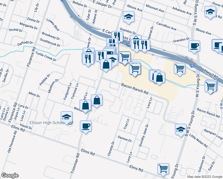 map of restaurants, bars, coffee shops, grocery stores, and more near 1103 Covey Lane in Killeen