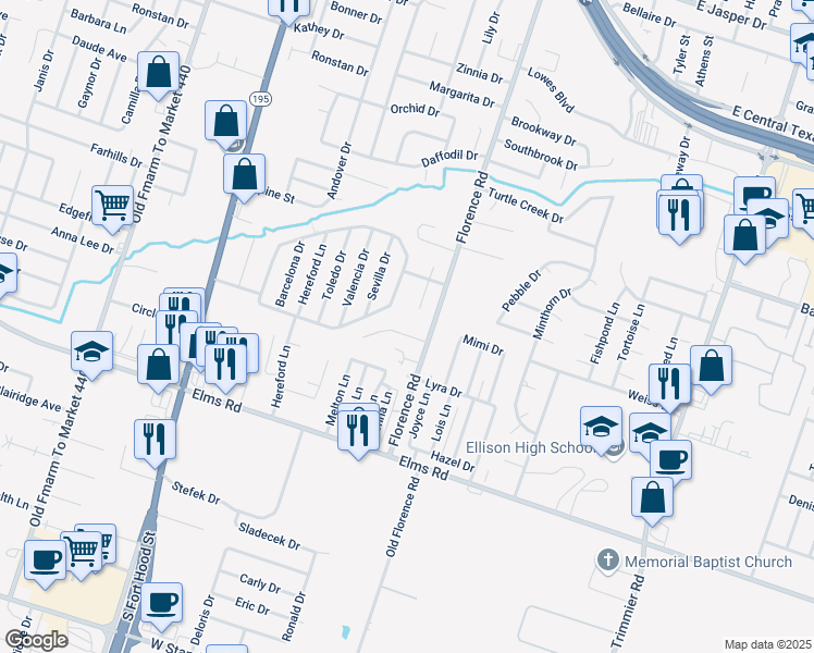 map of restaurants, bars, coffee shops, grocery stores, and more near 3301 Cantabrian Drive in Killeen