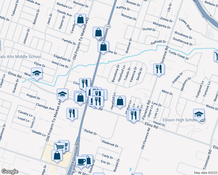 map of restaurants, bars, coffee shops, grocery stores, and more near 3409 Barcelona Drive in Killeen