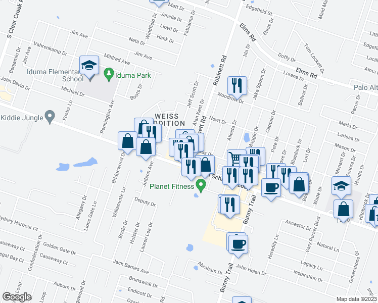 map of restaurants, bars, coffee shops, grocery stores, and more near 3900 Gus Drive in Killeen