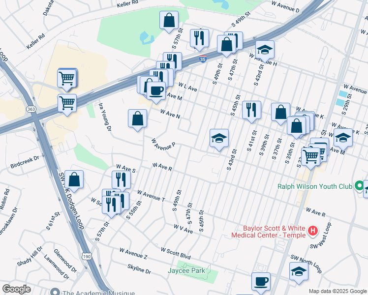 map of restaurants, bars, coffee shops, grocery stores, and more near 2506 West Avenue P in Temple