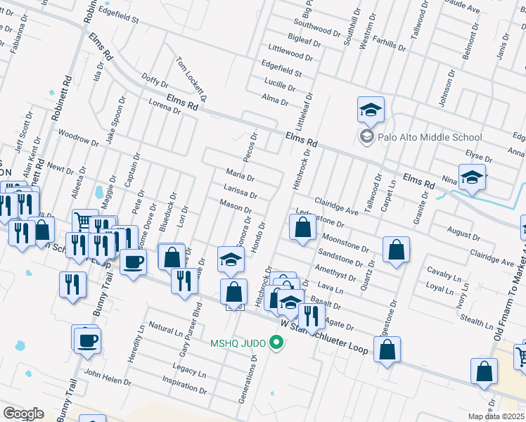 map of restaurants, bars, coffee shops, grocery stores, and more near 2604 Larissa Drive in Killeen