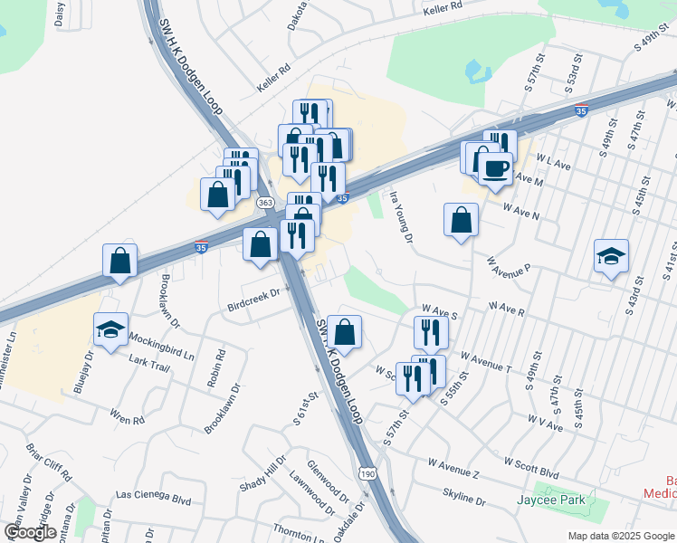 map of restaurants, bars, coffee shops, grocery stores, and more near 3550 Southwest H K Dodgen Loop in Temple