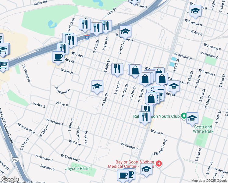 map of restaurants, bars, coffee shops, grocery stores, and more near 1315 South 41st Street in Temple
