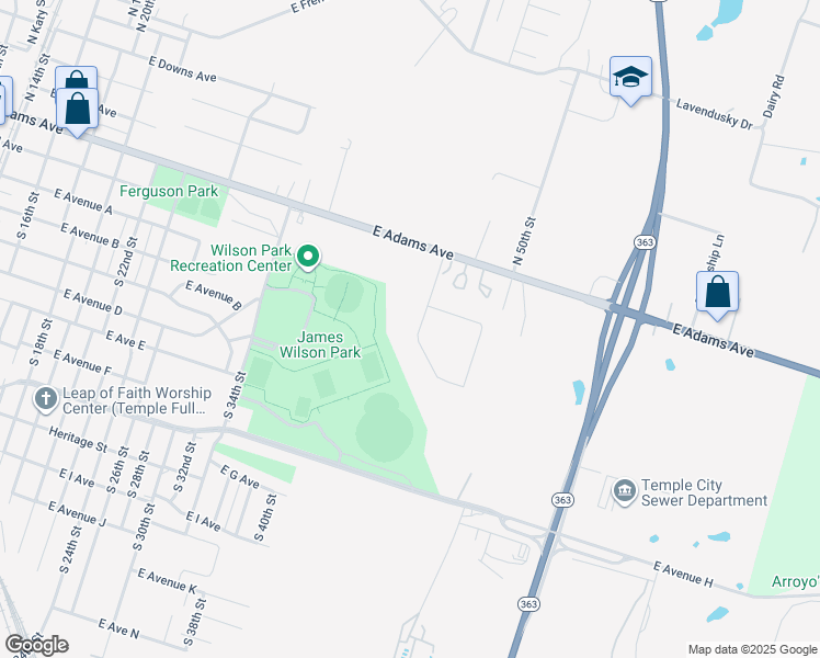 map of restaurants, bars, coffee shops, grocery stores, and more near 2209 East Adams Avenue in Temple