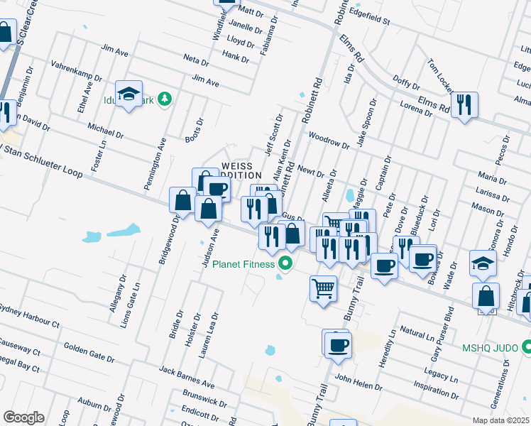 map of restaurants, bars, coffee shops, grocery stores, and more near 4509 Alan Kent Drive in Killeen