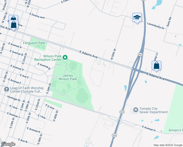 map of restaurants, bars, coffee shops, grocery stores, and more near 2315 East Adams Avenue in Temple