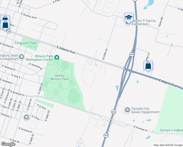 map of restaurants, bars, coffee shops, grocery stores, and more near 2315 East Adams Avenue in Temple