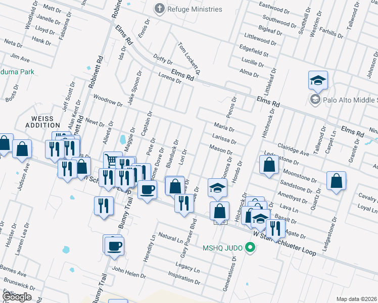 map of restaurants, bars, coffee shops, grocery stores, and more near 4308 Lori Drive in Killeen
