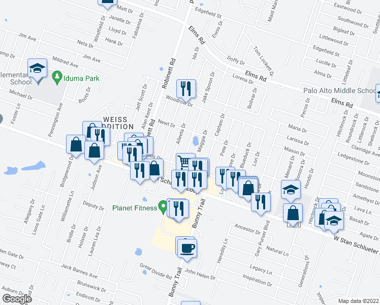 map of restaurants, bars, coffee shops, grocery stores, and more near 4500 Jake Spoon Drive in Killeen