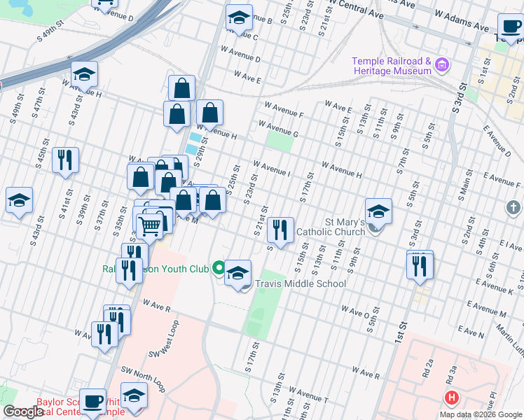 map of restaurants, bars, coffee shops, grocery stores, and more near 1008 South 21st Street in Temple