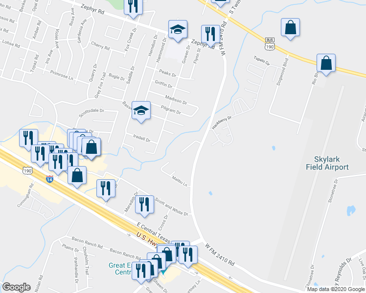 map of restaurants, bars, coffee shops, grocery stores, and more near 1911 Monte Carlo Lane in Killeen