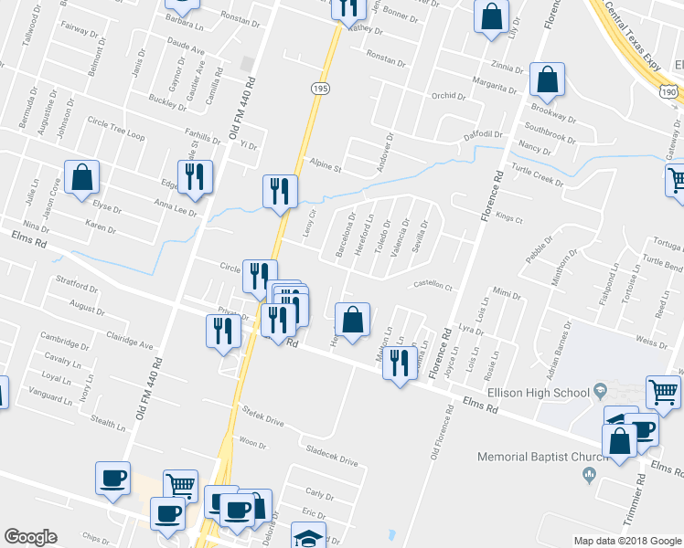map of restaurants, bars, coffee shops, grocery stores, and more near 3409 Barcelona Drive in Killeen