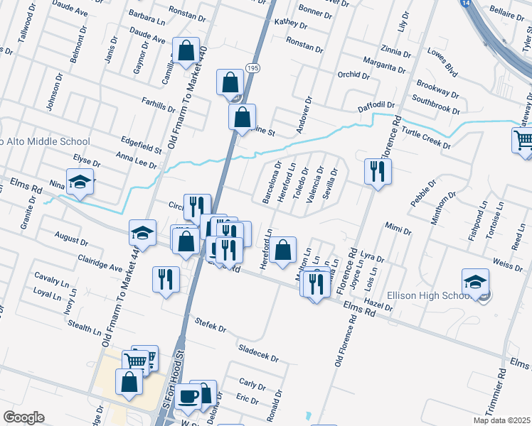 map of restaurants, bars, coffee shops, grocery stores, and more near 3409 Barcelona Drive in Killeen