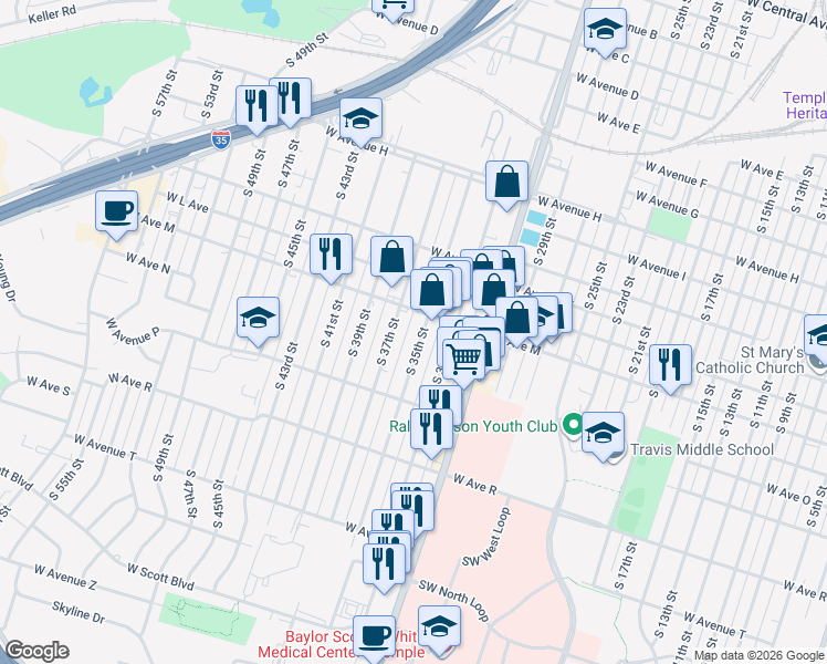 map of restaurants, bars, coffee shops, grocery stores, and more near 1306 South 35th Street in Temple
