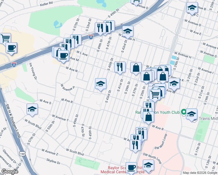 map of restaurants, bars, coffee shops, grocery stores, and more near 1404 South 43rd Street in Temple