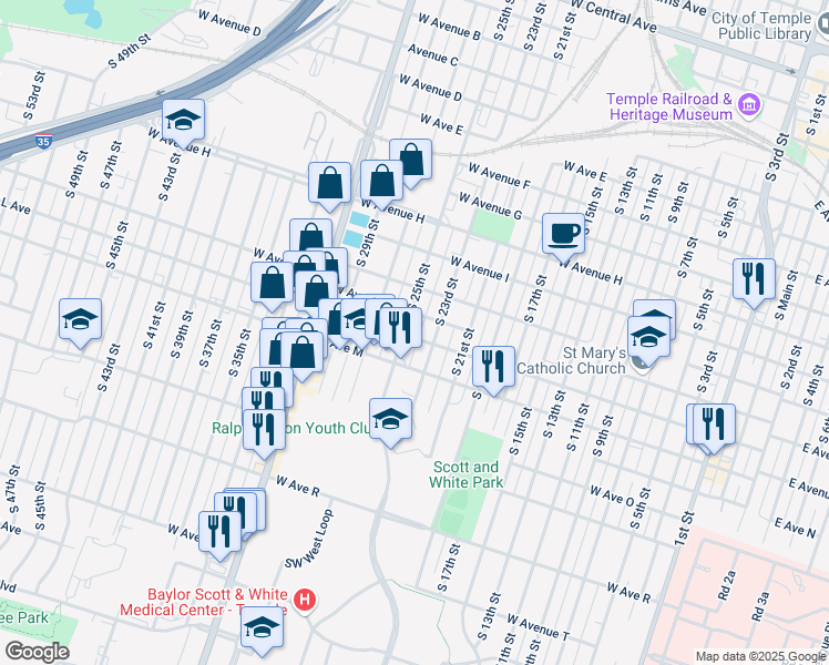 map of restaurants, bars, coffee shops, grocery stores, and more near 1102 South 23rd Street in Temple
