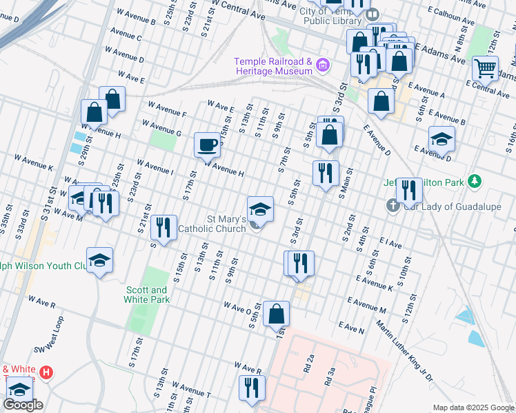 map of restaurants, bars, coffee shops, grocery stores, and more near 905 South 9th Street in Temple