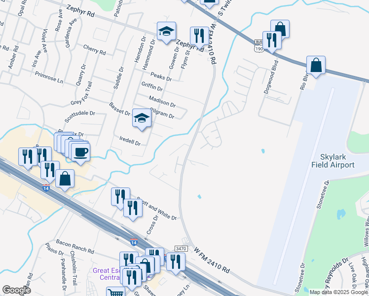 map of restaurants, bars, coffee shops, grocery stores, and more near 1901 Monte Carlo Lane in Killeen