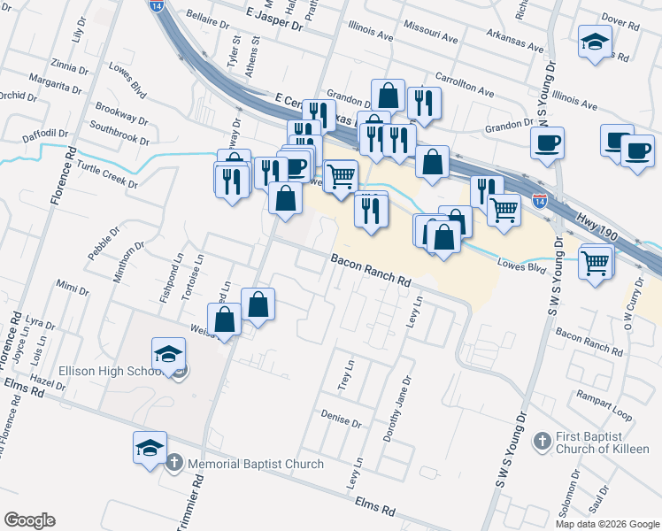 map of restaurants, bars, coffee shops, grocery stores, and more near 1500 Bacon Ranch Road in Killeen