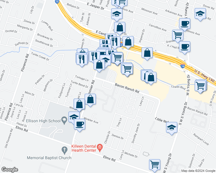map of restaurants, bars, coffee shops, grocery stores, and more near 1103 Covey Lane in Killeen