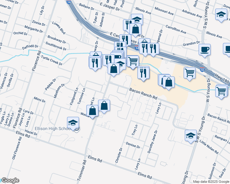map of restaurants, bars, coffee shops, grocery stores, and more near 2608 Trimmier Road in Killeen