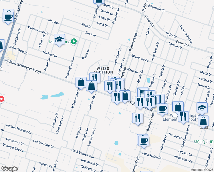 map of restaurants, bars, coffee shops, grocery stores, and more near 4006 Gus Drive in Killeen