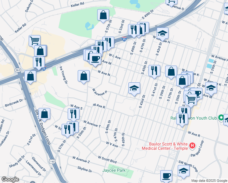 map of restaurants, bars, coffee shops, grocery stores, and more near 2506 West Avenue P in Temple