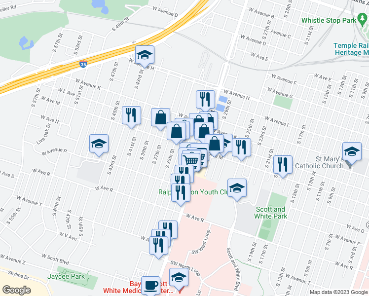 map of restaurants, bars, coffee shops, grocery stores, and more near 1701 West Avenue M in Temple