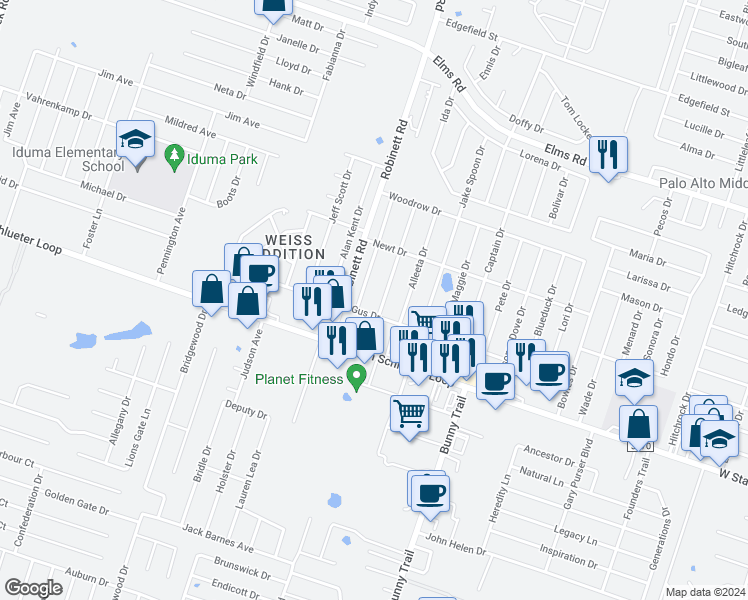 map of restaurants, bars, coffee shops, grocery stores, and more near 4505 July Drive in Killeen