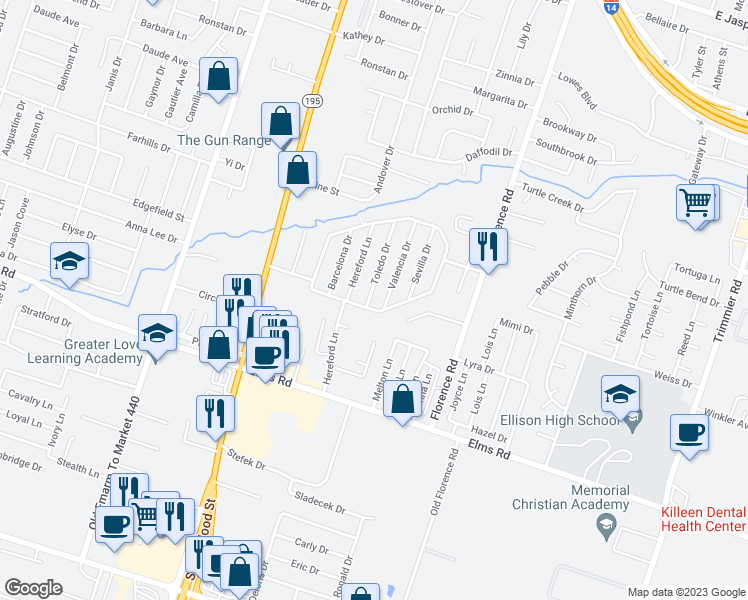 map of restaurants, bars, coffee shops, grocery stores, and more near 3406 Toledo Drive in Killeen