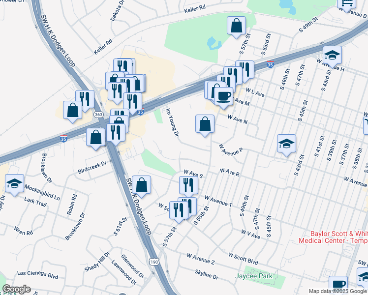 map of restaurants, bars, coffee shops, grocery stores, and more near 2803 Ira Young Drive in Temple