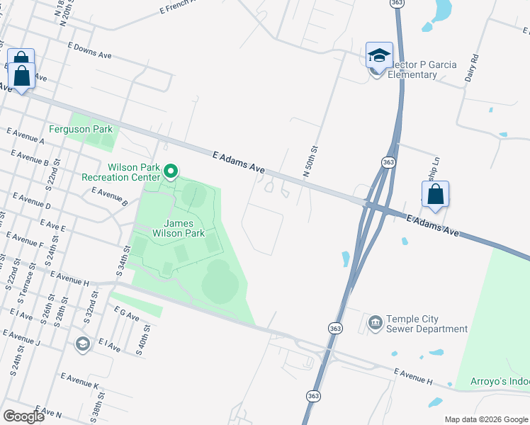 map of restaurants, bars, coffee shops, grocery stores, and more near 2315 East Adams Avenue in Temple