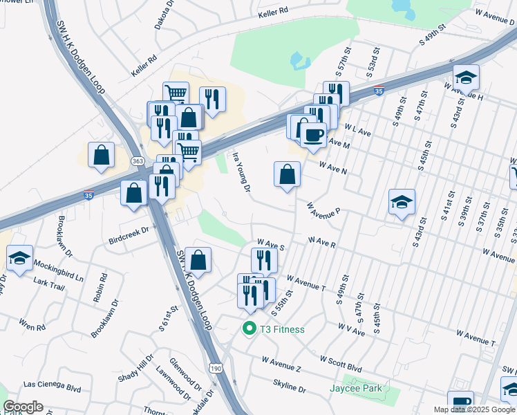 map of restaurants, bars, coffee shops, grocery stores, and more near 2803 Ira Young Drive in Temple