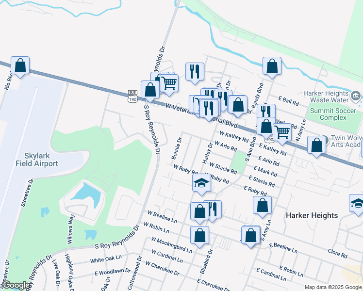 map of restaurants, bars, coffee shops, grocery stores, and more near 308 South Juanita Drive in Harker Heights