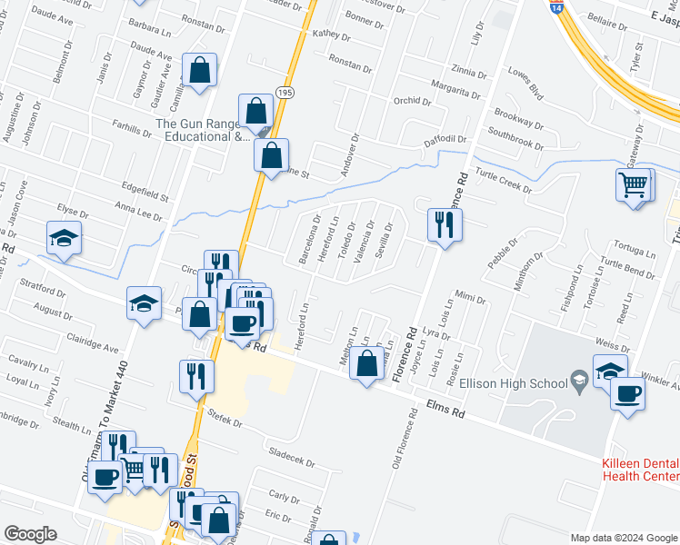 map of restaurants, bars, coffee shops, grocery stores, and more near 3407 Toledo Drive in Killeen
