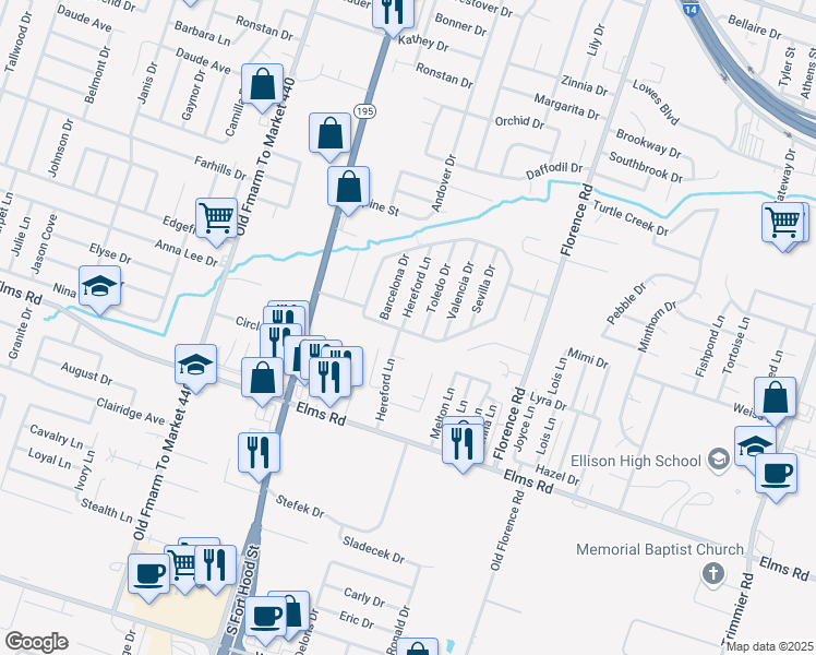 map of restaurants, bars, coffee shops, grocery stores, and more near 3407 Toledo Drive in Killeen